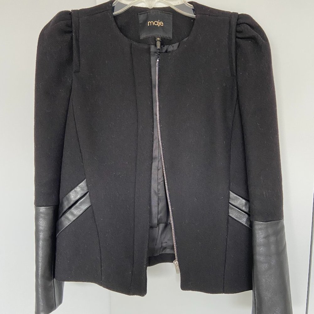Maje Wool Cashmere Coat with Calf Skin Leather Trim Size 36